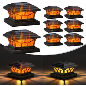 8 Pack Solar Post Cap Lights Outdoor Flickering Flame & Warm White, Fits 4x4 5x5 6x6 Wooden or Vinyl Posts, Waterproof Solar Fence Deck Lights for Yard Garden Patio Decoration.