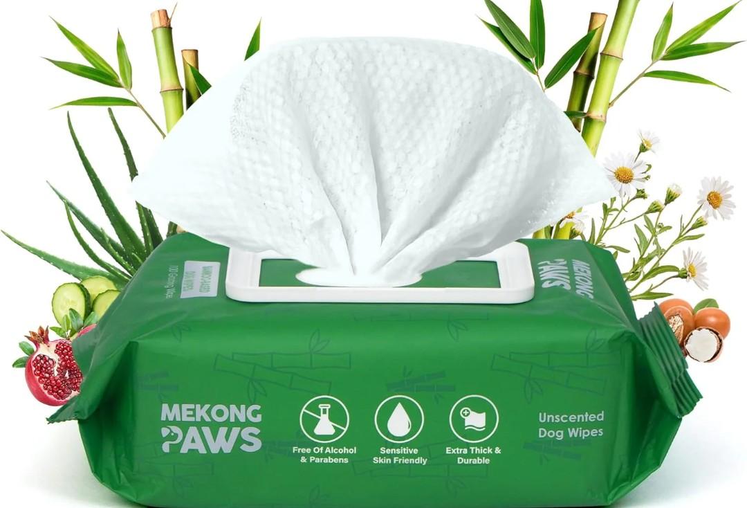 Unscented Pet Grooming Wipes - Natural Bamboo Fiber - Cleansing Wipes for Dog & Cat - Soft & Caring for Sensitive Skin - Durable & Tear Resistant for Paw, Coat & Bum Freshening - 100 Count