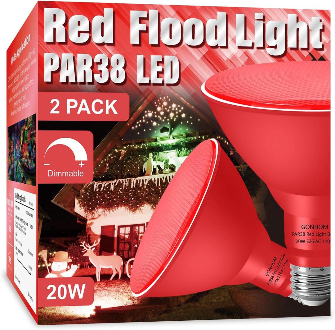 PAR38 Flood Lights Outdoor,Dimmable LED Flood Light Bulbs,20W(Equivalent to 200W),E26 Base,Outdoor Porch,Holiday Lighting,LED Flood Light Bulb for Halloween,Christmas,2 Pack Red