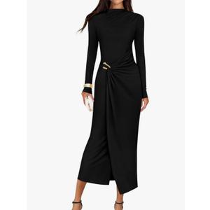 ZESICA Women's 2025 Fall Long Sleeve Bodycon Dress Mock Neck Wedding Guest Cocktail Party Long Midi Dresses Medium Black, Medium 
