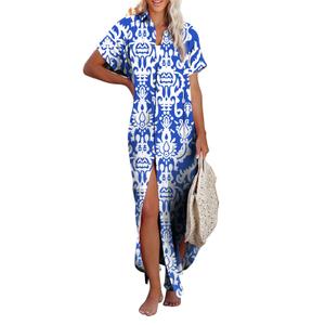 Herseas Womens Fashion Summer Beach Vacation Short Sleeve Button Down Dress Side Split Long Kimonos Cardigans Loose Bathing Suit Swimsuit Cover Ups for Swimwear Brown Large 12 14