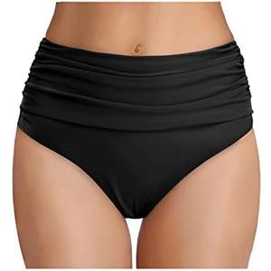 Tempt Me Women's High Waisted Bikini Bottom Tummy Control Ruched Bathing Suit Swim Bottom, Size L