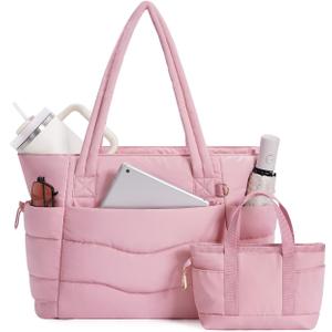 Wandering Nature Work Tote Bag with Cup Holder, Nurse Bag 2 Set, 15.6" Laptop Compartment & Trolley Sleeve for Women, Travel (Pink)