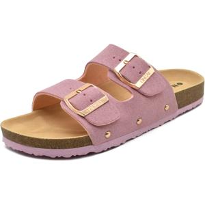 ONCAI Womens Flat Slide Sandals with Arch Support 2 Strap Adjustable Buckle Slip on Slides Shoes Non Slip Rubber Sole, Size 9