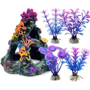GSD Aquarium Colorful Coral Reef Set Fish Tank Decoration Mountain Ornament for Aquarium Environments Decor Accessories, Coral Mountain x 1, Aquatic Plant x 4, 5.2 inches x 5.2 inches x 6 inches