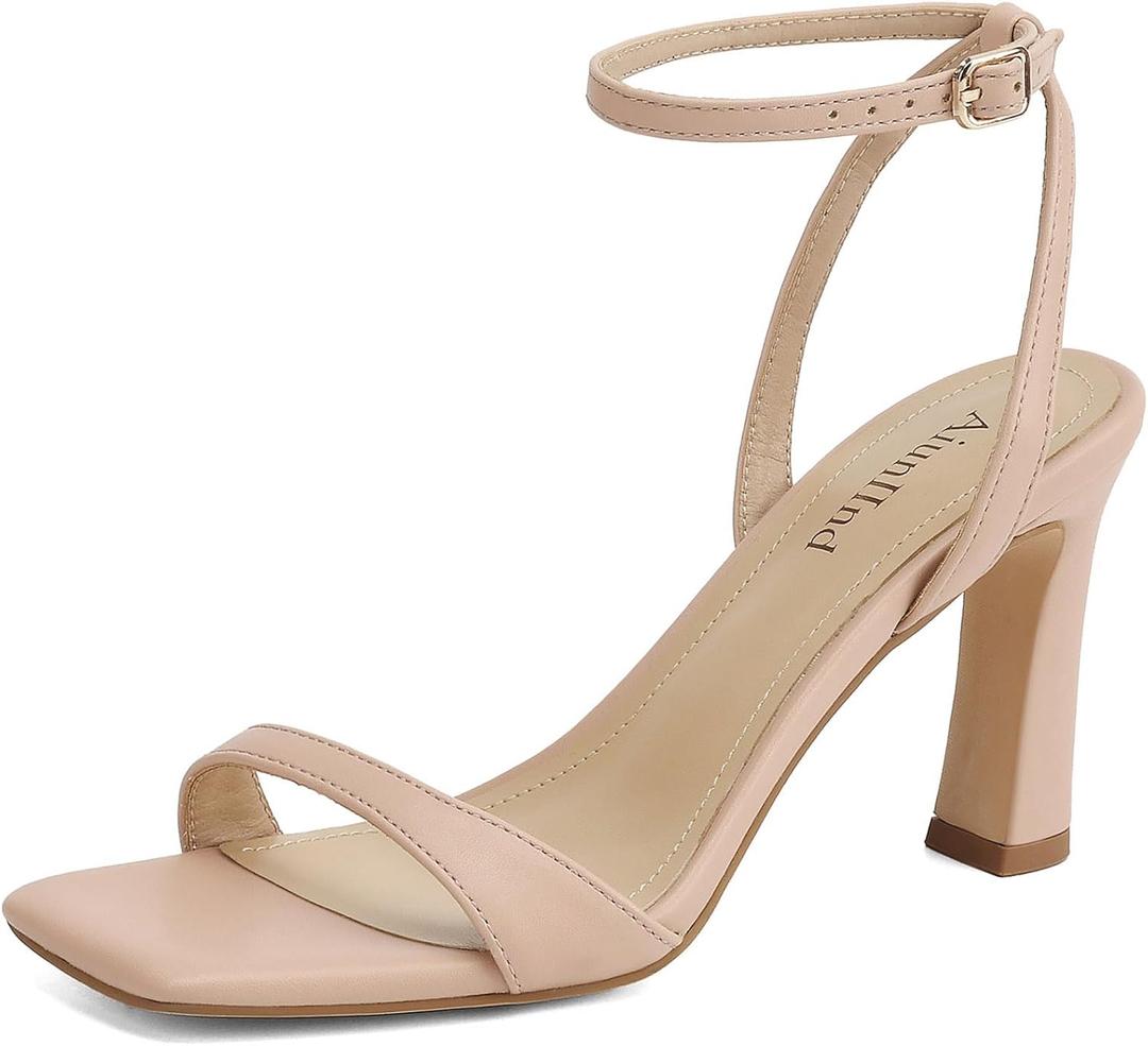 AIUNIIND Women High Heels, Square Open Toe Block Heeled Sandals 3.3 inch (Beige, XXL)