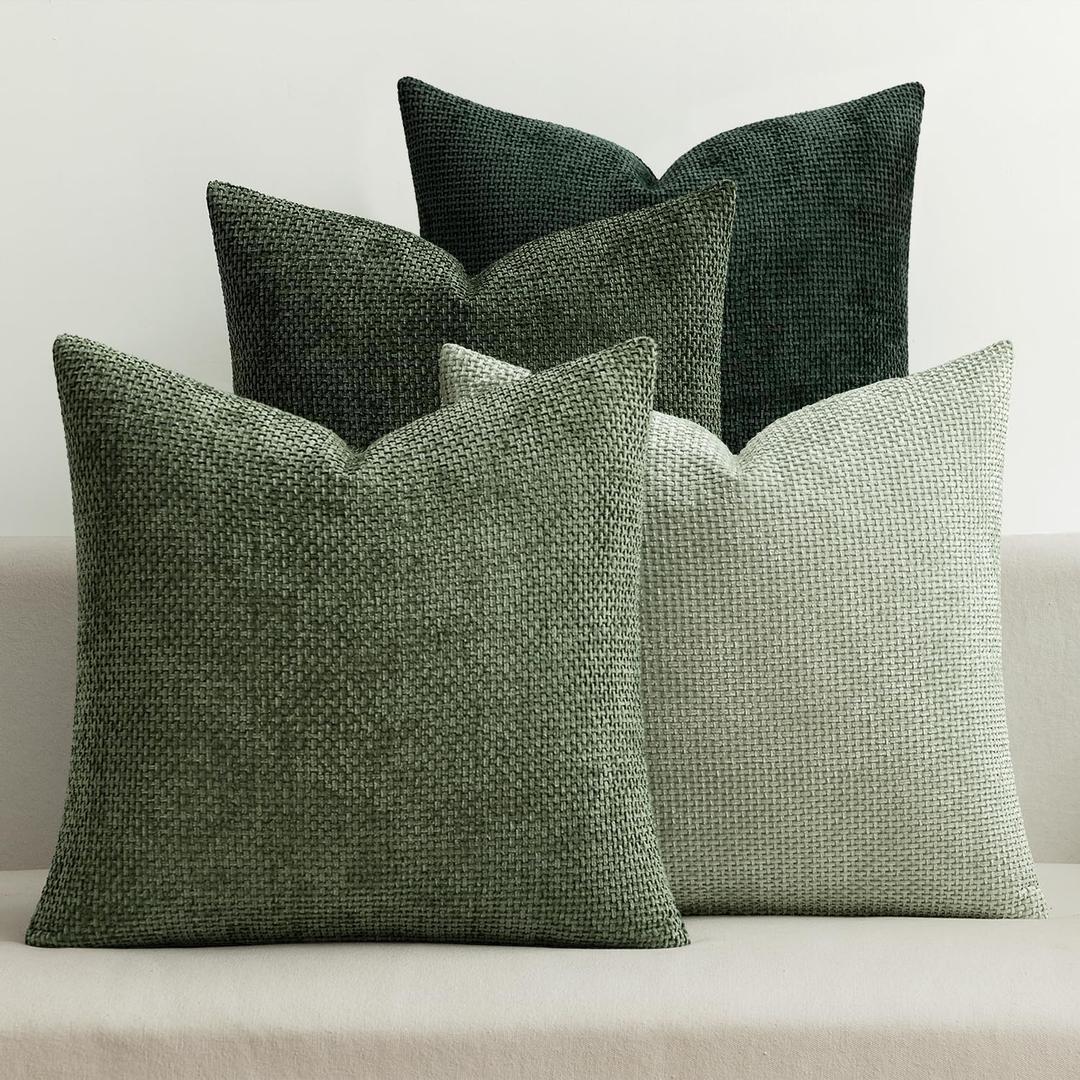 MIULEE Pack of 4 Couch Throw Pillow Covers 18x18 Inch Green Soft Decorative Chenille Pillow Covers Farmhouse Accent Cushion Covers for Boho Spring Home Decor Sofa Bedroom Living Room