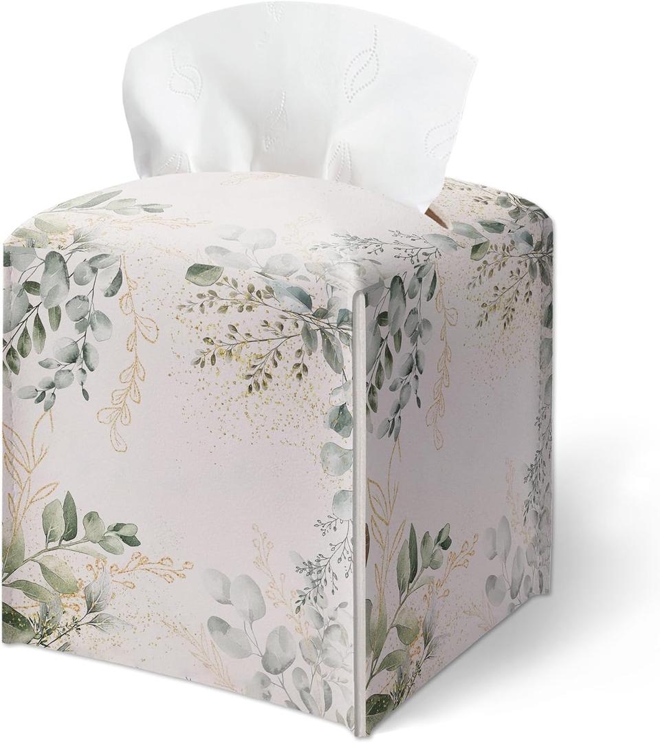 Tissue Box Cover, Watercolor Greenery Prints Tissue Box Cover Square-Waterproof Leather, Desktop Decor for Living Room Office, Aesthetic Home Decor, Gift for Women & Friend, 5 x 5 Inches-A07
