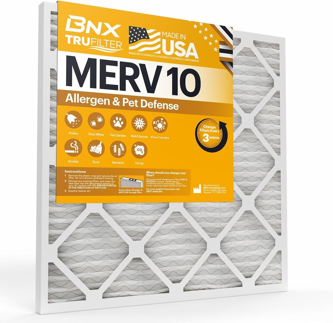 BNX TruFilter 12x12x1 MERV 10 (2-Pack) AC Furnace Air Filter - MADE IN USA - Pleated Air Conditioner HVAC AC Furnace Filters - Removes Odor, Mold, Bacteria, Smoke