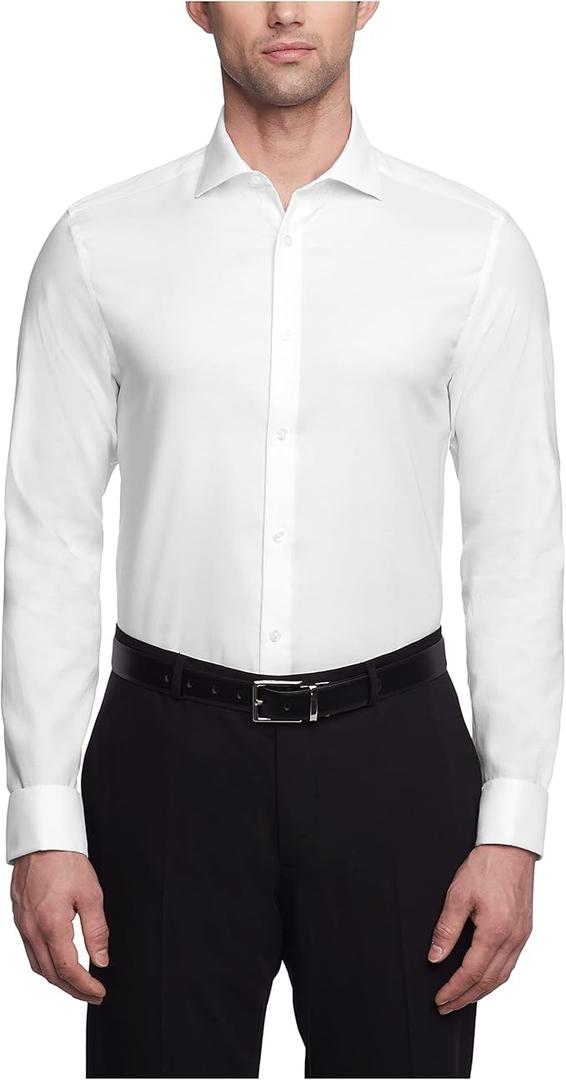Calvin Klein Men's Non Iron Stretch Slim Fit Dress Shirt French Cuff Shirt, White, 17.5" Neck 34"-35" Sleeve, XL, White