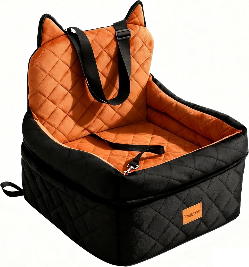 Dog Car Seat for Small/Medium Dogs Up to 35lbs,Elevated Cushion Fits in Front/Back Seat,Travel Safety Per Car Bed with Washable Removable Cover, Storage 2 Pockets Black-Orange
