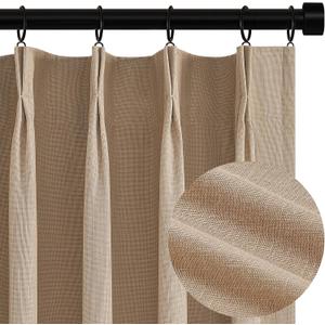 Topfinel Pinch Pleated Curtains 96 Inch Long, 100% Blackout Thermal Insulated Brown Natural Linen Pinch Pleat Viral Drapes with Hooks Rings 2 Panel Sets, Taupe Tan 8FT Back Tab Window Curtains