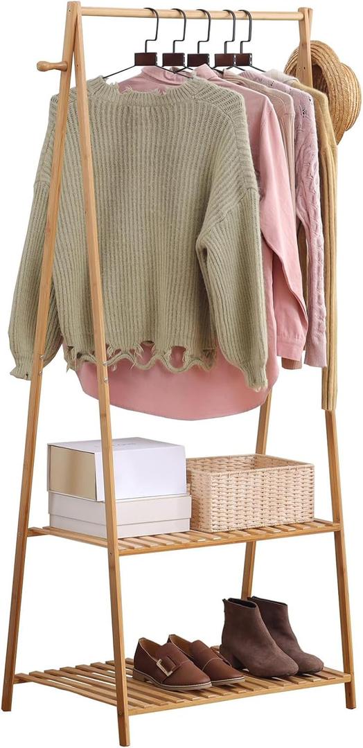 Bamboo Clothing Rack with Top Hanging Garment Rod, 2 Side Hooks & Bottom 2-Tier Shelves  Space-Saving Organizer for Clothes, Hats, Bags & Shoes