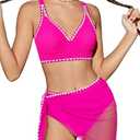 Girls Swimsuit V-Neck Shell Stitched Solid Color High Waisted 3 Piece Bathing Suit Bikini with Cover Up 9-16T (11-12 Years, Pink)