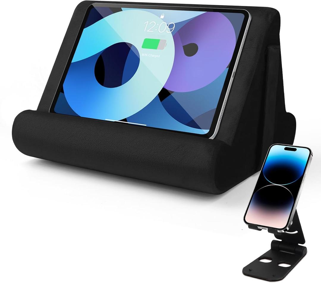 Universal Tablet Cushion Stand - Multi-Angle Lazy Holder with Net Pocket & Phone Stands Options for Lap, Knee, Sofa, Bed (Black)