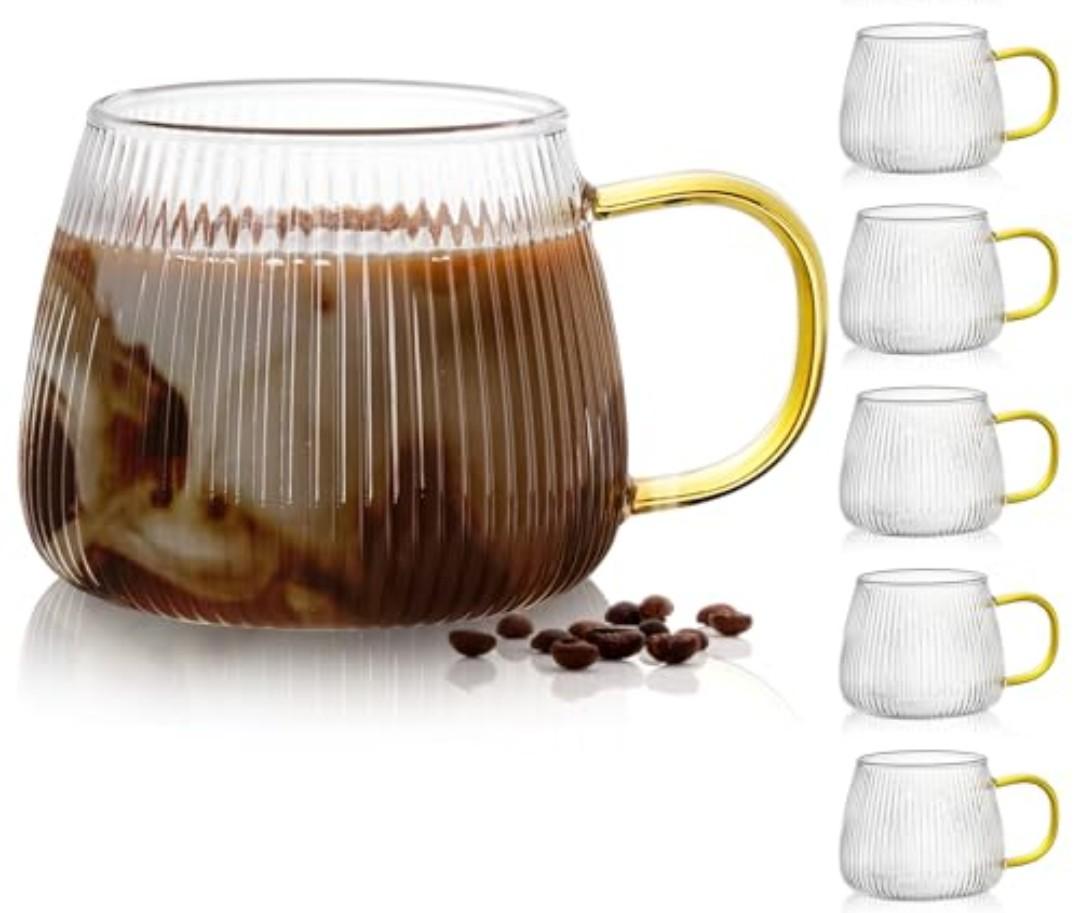AVLA 5 Pack Glass Coffee Mugs, 16 OZ Unique Vertical Stripes Coffee Cup, Clear Large Tea Glasses with Handle, Vintage Transparent Glassware for Hot/Cold Beverages, Cappuccino, Latte, Espresso, Juice