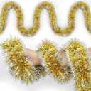 50FT Christmas Tinsel Garland Gold Metallic Twist Xmas Frosted Tip Hanging Garland for Christmas Tree Decoration Indoor Outdoor Home Holiday Party Decor