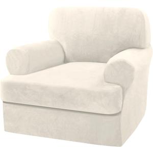 H.VERSAILTEX Sofa Cover 2 Piece T Cushion Armchair Slipcovers Thick Velvet Couch Cover Furniture Protector Stretch T Cushion Sofa Covers for 1 Cushion Couch with 1 Individual T Cushion Covers, Ivory