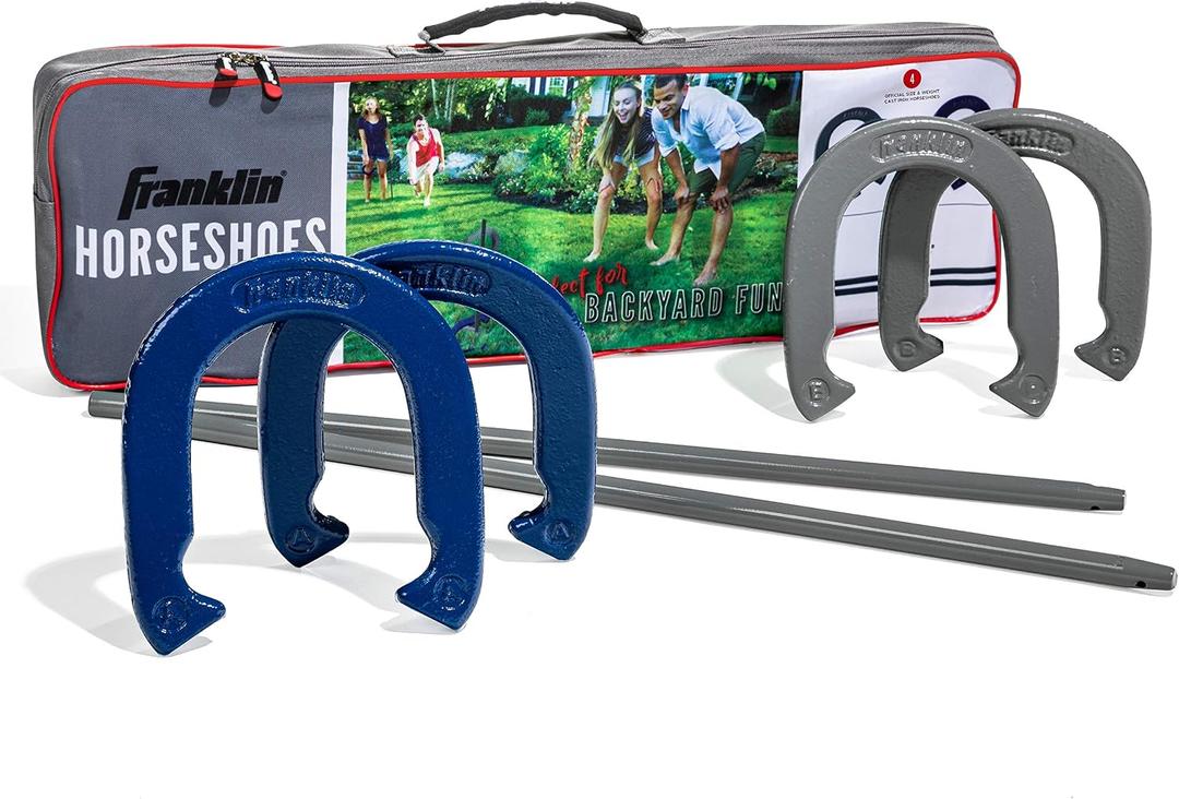 Franklin Sports Horseshoes Sets - Metal Horseshoe Game Sets for Adults + Kids - Official Weight Steel Horseshoes - Beach + Lawn Horseshoes Sets - Sets Include (4) Horseshoes and (2) Ground Stakes (Blue)