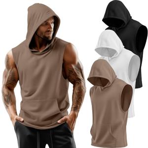 3 Pack Men's Workout Hooded Tank Tops Sleeveless Gym Hoodies Muscle Bodybuilding Cut Off Shirts (XXL)