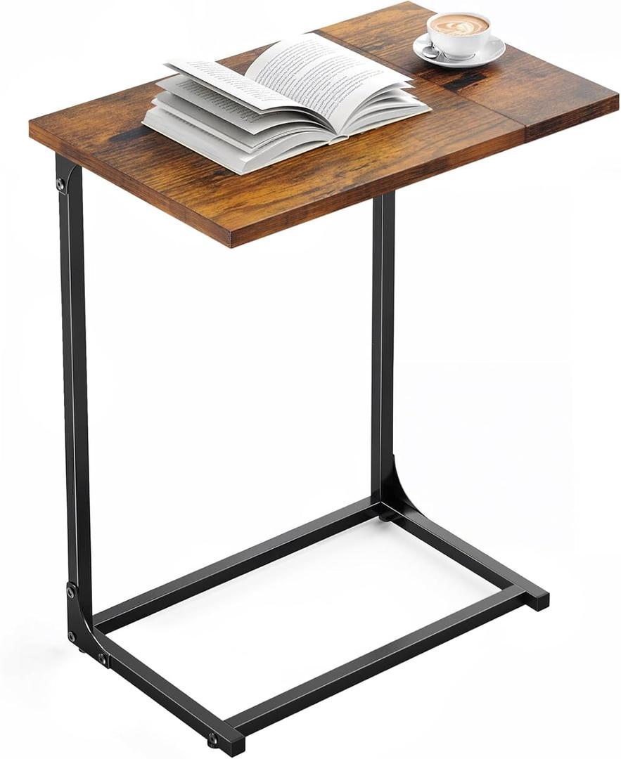 Pipishell C-Shaped Side Table, C-Table for Sofa, End Table with Metal Frame, Large Surface Couch Table for Living Room, Bedroom, and Home Office, Rustic Design, PIET11V (Vintage Rustic Brown)