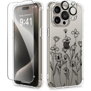 GVIEWIN for iPhone 15 Pro Case Floral, with Screen Protector&Camera Lens Protector,[Non Yellowing] Slim Shockproof Clear Phone Protective Cover for Women, Flower Pattern Design 6.1" (Sketch/Black)