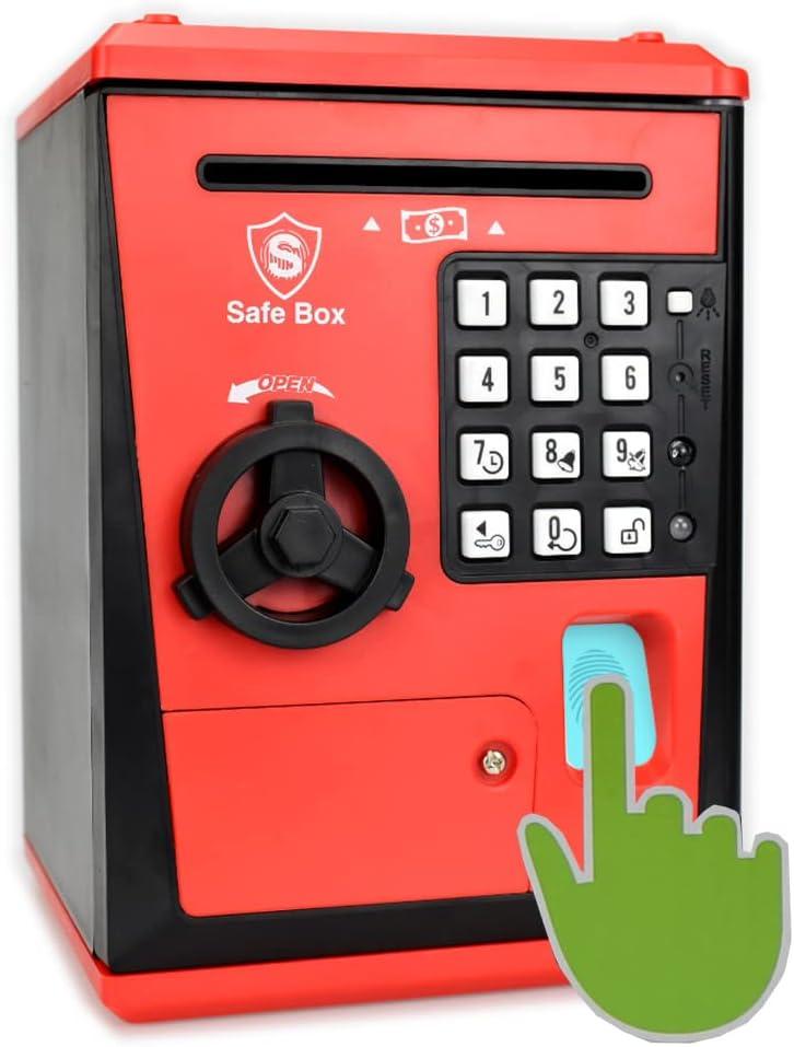 Kids Safe Box with Fingerprint Code, Talking Piggy Bank, ATM Savings Bank for Real Money, Great Toy Gift for Children(Black/Red)
