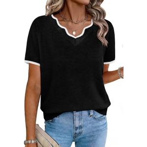 OFEEFAN Short Sleeve Sweater for Women V Neck Lightweight Sweaters Fashion Clothing Business Casual Outfits, Black, X-Large