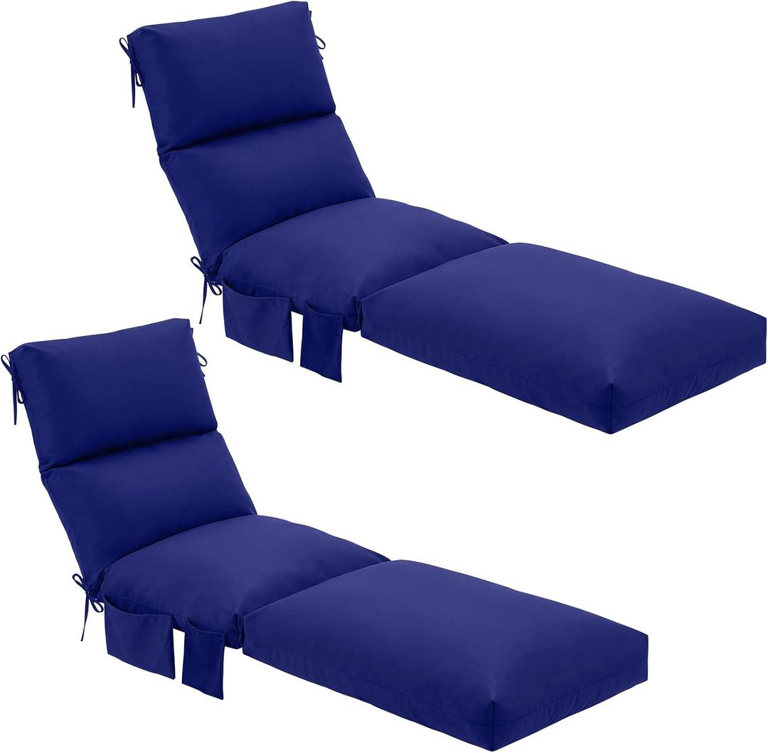 Kigley 2 Pcs Chaise Lounge Cushions, 78 x 22 x 4.7 Inch Outdoor Lounge Chair Cushions with Pocket, Thick Tufted Patio Recliner Replacement with Ties, Fade Resistant for Pool Furniture (Navy Blue)