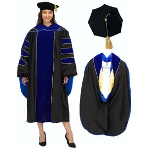 Unisex Deluxe Doctoral Graduation Gown Doctoral Hood and Tam 8 Sided Package (Size: 45"(5'0"-5'2"), Black)