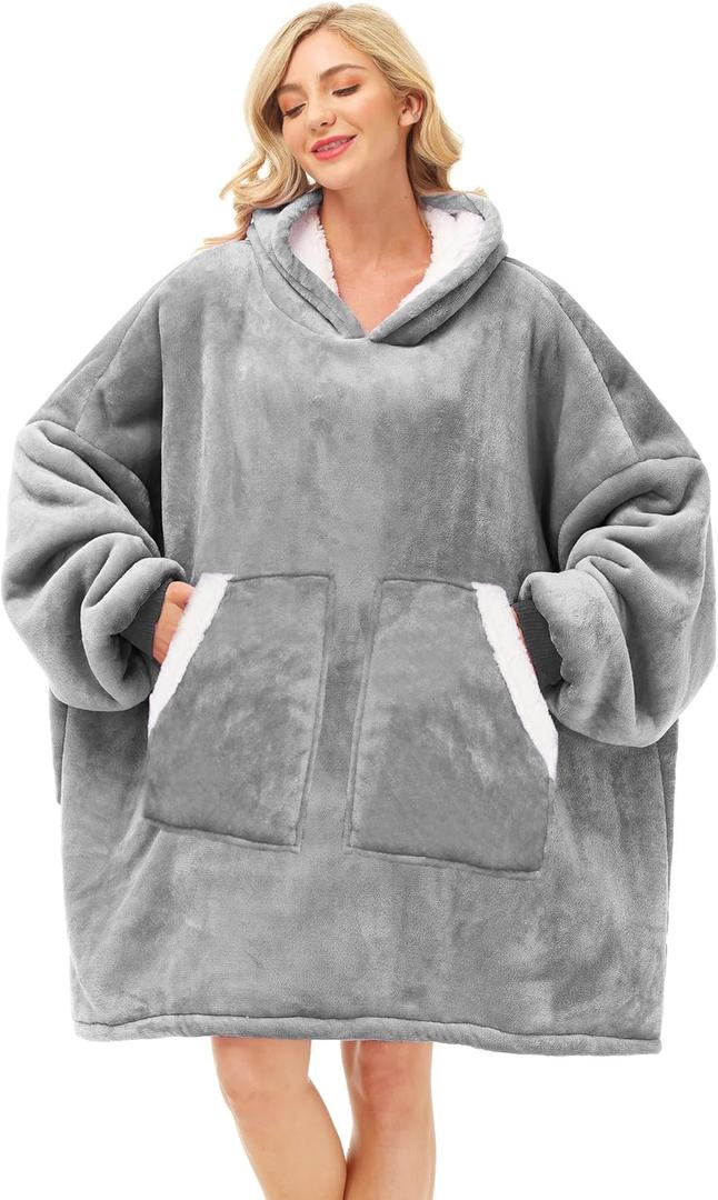 Kipswiza Oversized Wearable Blanket Hoodie, Cozy Fluffy Sherpa Fleece Hooded Blankets Sweatshirt Gifts for Women Men Family Members Friends, Light Grey (Adult)