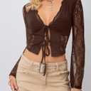 CSDAJIO Women's Sexy Lace Tie Open Front Sheer Mesh Long Sleeve Crop Top Going Out Shirt (Brown, XS)