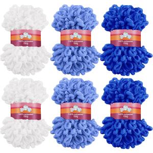 Threlaco 6 Pack Finger Loops Yarn Bulk Soft Chunky Yarn 600 G/ 6 Skeins for Mothers Day Beginners Knitting No Needles or Hooks(White, Light Blue, Dark Blue)