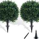 Artificial Boxwood Topiary Ball Bush for Outdoor with Spike, UV Resistant Faux Boxwood Ball Tree with Stake for Outside Set of 2, Weatherproof Round Fake Shrubs for Entryway Front Porch