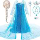 G.C Girls Princess Costume Dress Up Clothes with Long Cape Toddler Wig Crown Wand Halloween Cosplay (130(7-8 Years))