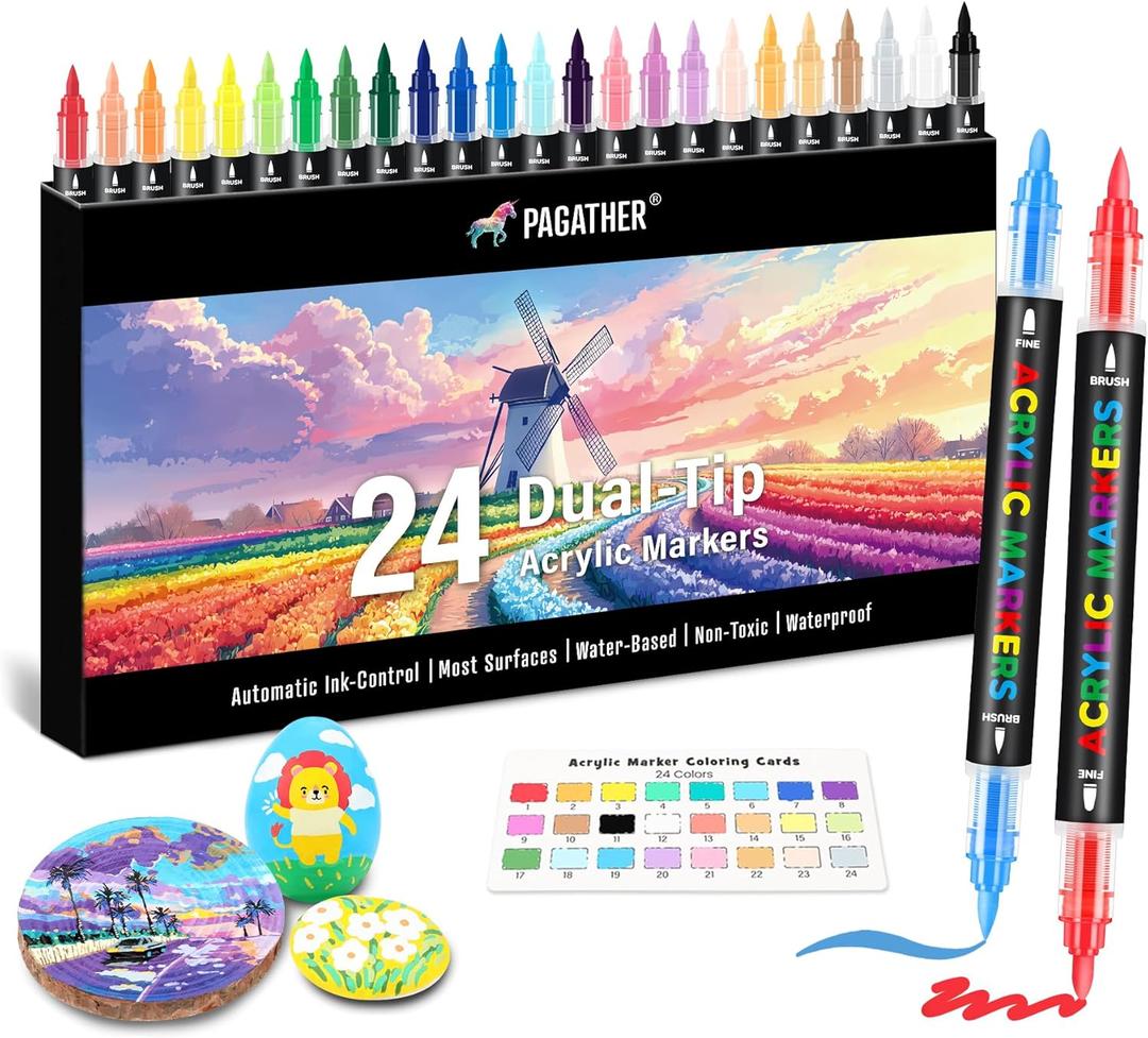 24 Colors Dual Tip Acrylic Paint Markers, Fine and Brush Tip Acrylic Paint Pens with Automatic Ink Control System for Rock Painting, Canvas, Wood, Glass, Fabric, DIY Crafts Making Art Supplies