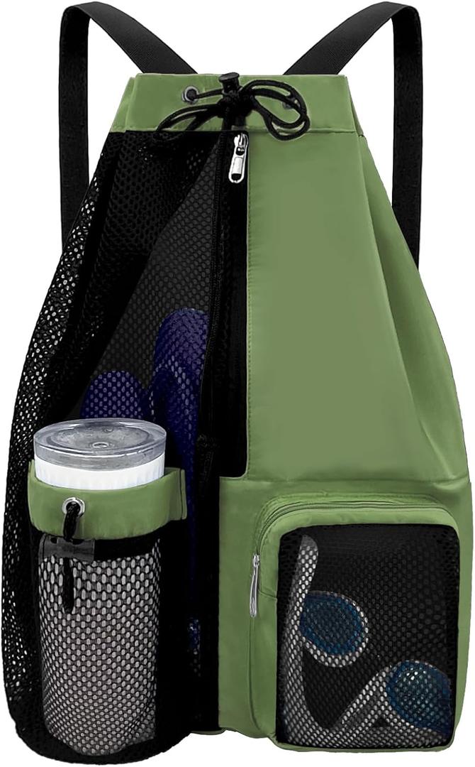 Beach Backpack with Wet Pocket Drawstring Mesh Beach Bag Waterproof Swimming Pool Backpack for Men and Women (Green)