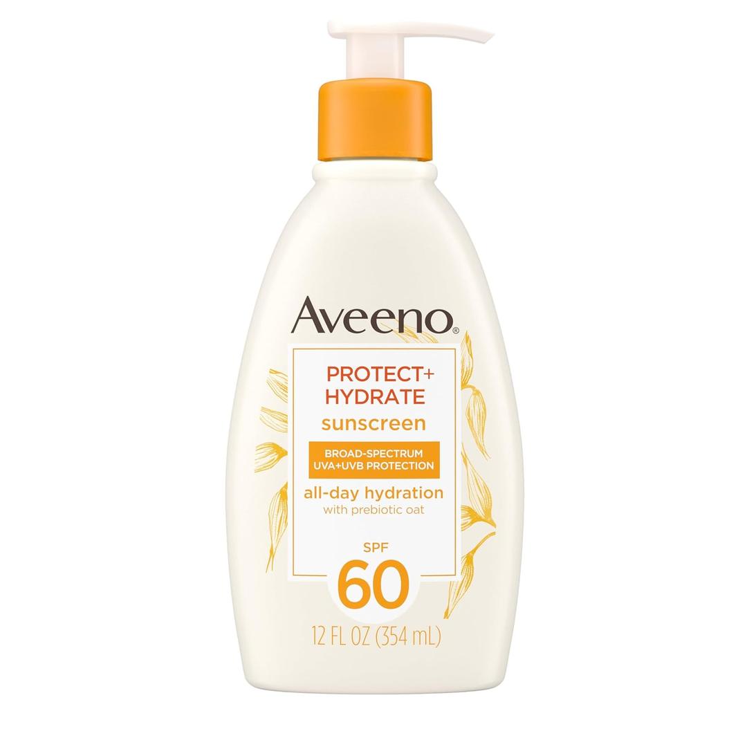 Aveeno Protect + Hydrate Sunscreen Moisturizing Lotion with Prebiotic Oat, Broad Spectrum SPF60, Paraben, & Oil Free, Weightless, Water & Sweat Resistant (80-min) for Sensitive Skin, 12 Fl Oz