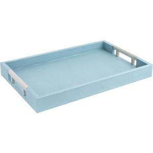 Modern Elegant 18"x12" Rectangle Baby Light Blue Glossy Shagreen Faux Leather Decorative Tray Ottoman Coffee Table Perfume Living Room Kitchen Serving Tray with Silver Metal Handles by Home Redefined