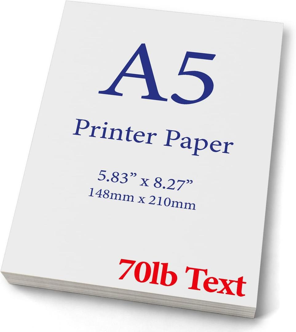Premium A5 (8.3"x 5.83") Printer Paper - 70lb Text / 28lb Bond (105 gsm) Bright White Paper (250 Sheets)