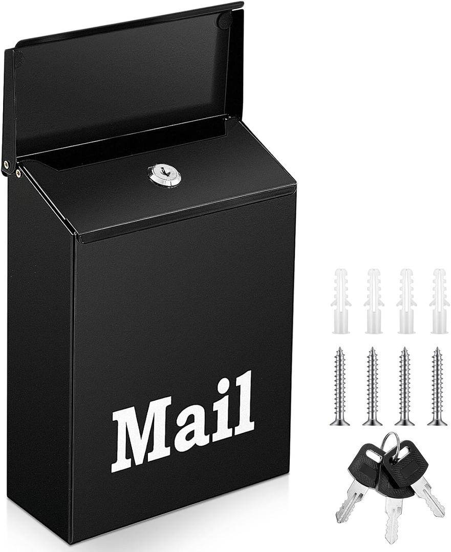 10 x 7 x 3 Inch Small Black Wall Mount Mailbox with Lock Key for Outside Apartment Porch Rust Proof Security Key Drop Box for Letters Newspapers Cards