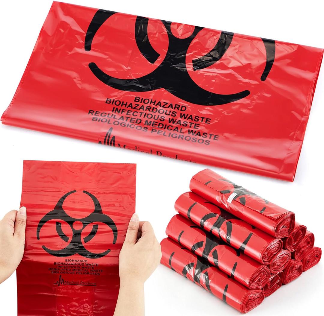 Geiserailie 200 Pcs 10 Roll 14.5" x 19" Biohazard Waste Bags 3 Gallon Infectious Red Trash Liner No Leak Hazardous Waste Containers with Hazard Symbol for Medical Waste Disposal Safe Hospital Supplies