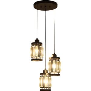 3 Light Farmhouse Pendant Light Adjustable Ceiling Hanging Lighting Fixture with K9 Crystals for Kitchen Restaurant Cafe Dining Room Island Light Black