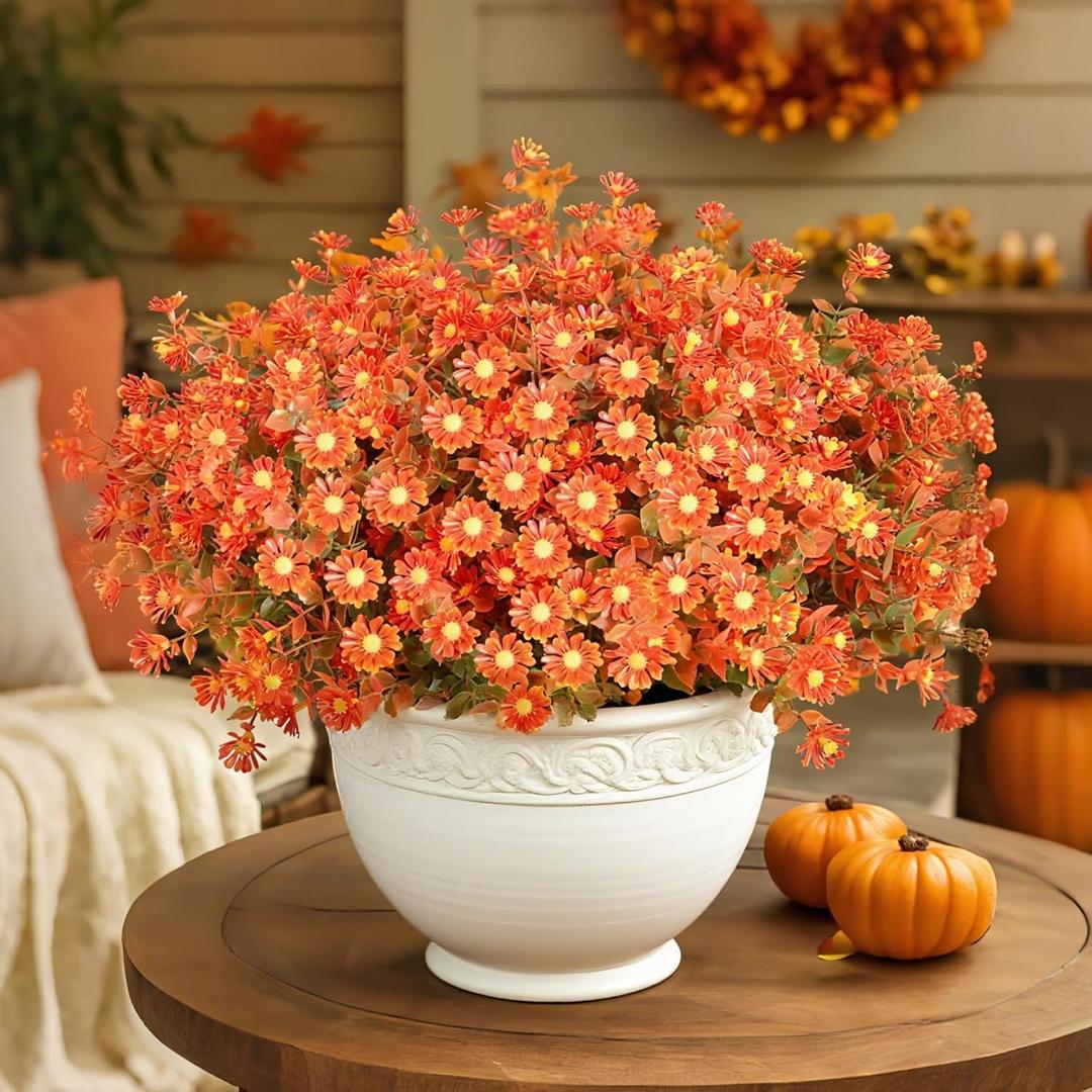 16 Bundles Artificial Flowers for Fall Outdoors Decoration - Fake Mums Faux Artificial Plants Plastic Flower No Fade for Harvest Halloween Thanks Giving Day Decor