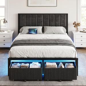 OLEVS Full Size Bed Frame with 2 Drawers, Charging Station & LED Lights