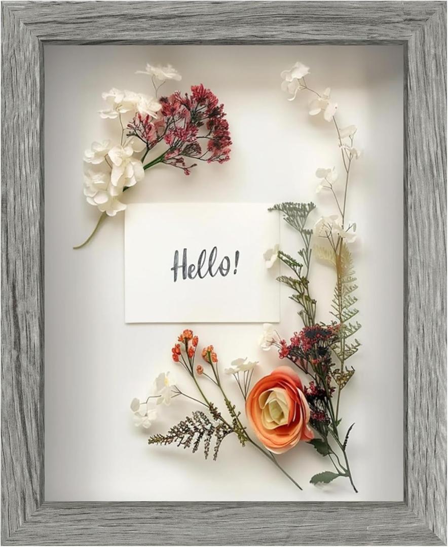 FrameWorks 8x10 Driftwood Wooden Shadow Box Frame  Soft Felt Back, Tempered Glass, and Included Elegant White Ball Push Pins (Grey)