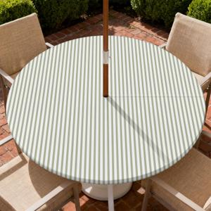 Round Outdoor Tablecloth with Zipper and Umbrella Hole, Fitted Table Cloth with Elastic, Oil Waterproof Tablecover for Patio Picnic Camping Garden Fits 61"-65" Round Table, Green Stripes