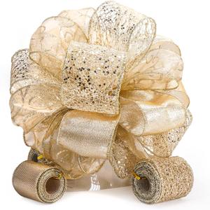 CT CRAFT LLC Champagne Gold Swirl Christmas Tree Topper Bow 11" with 4 Ribbon Streamers x 3 Yards Long Each for Holidy Elegant Fancy Home Dcor Indoor
