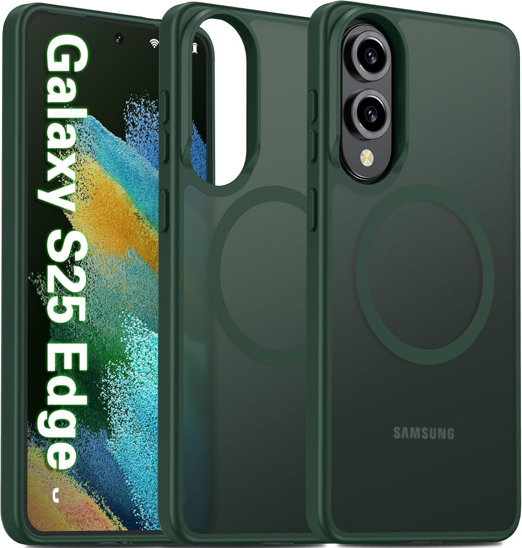 Oterkin Magnetic for Samsung Galaxy S25 Edge Case Matte, S25 Edge Phone Case Compatible with MagSafe Frosted Translucent Shockproof Anti-Scratch Slim Fit Case Military Grade Protection (Dark Green)