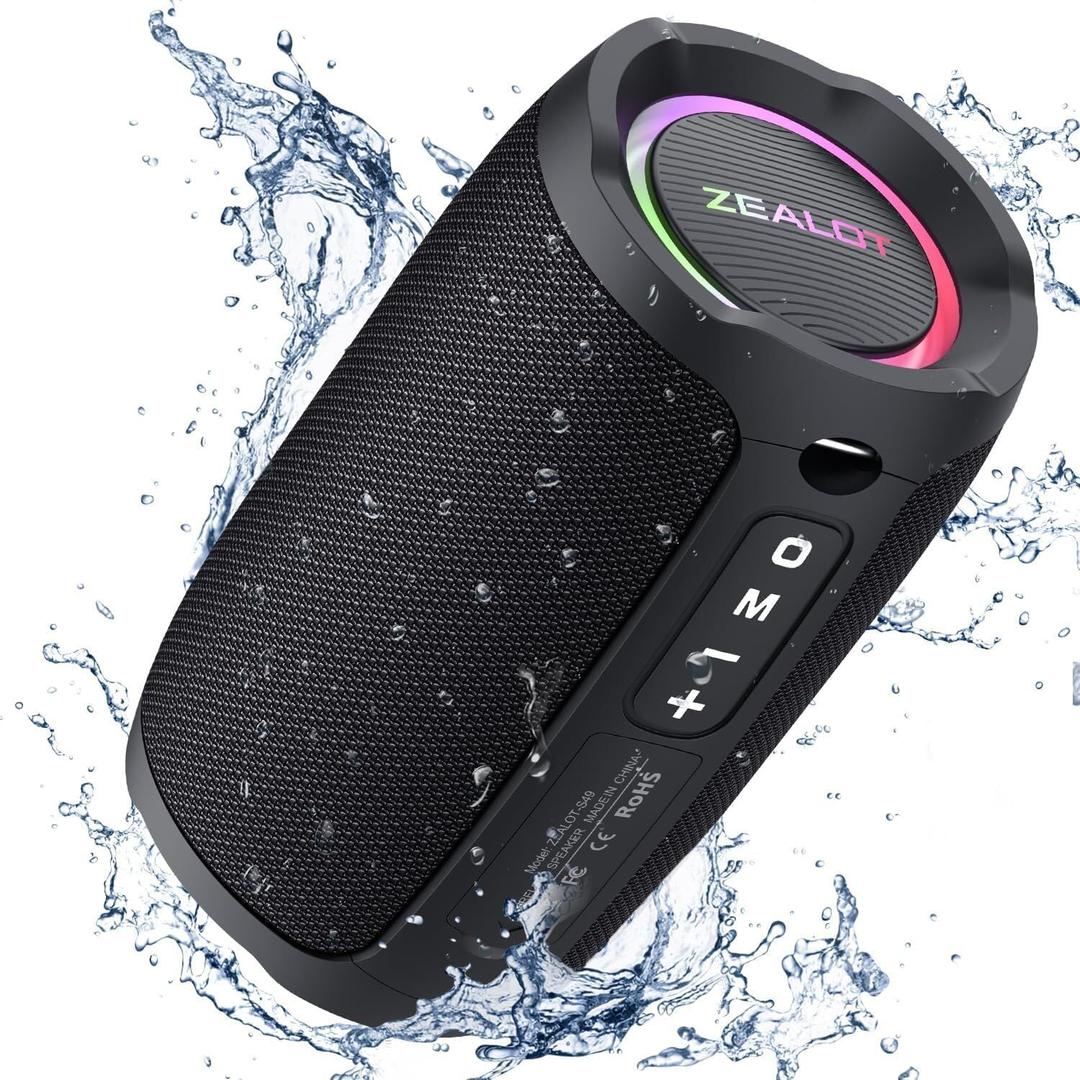 ZEALOT Portable Speaker 20W, Bluetooth Speaker Waterproof, Bocinas Bluetooth, IPX6 Waterproof, Wireless Pair, Clear Stereo Audio/BT5.2/ RGB Light/USB/TF, for Home/Outdoor/Beach (Black)